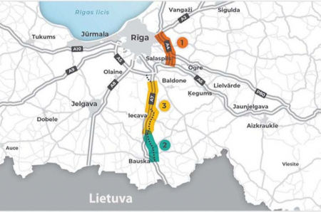 Latvijas lielāko tranzīta ceļu pārbūves plāni (pa pārbūves posmiem līdz 2034. gadam).