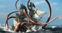 Krakens – briesmonis skandināvu folklorā, izskatās kā milzu astoņkājis vai kalmārs un spēj nogremdēt kuģus. 3D ilustrācija.