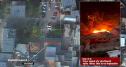 Video redzama Al-Ahli slimnīca un autostāvvieta Gazas pilsētā un salīdzināti attēli pirms un pēc raķetes trieciena.