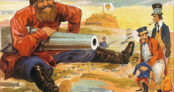 Krievu–japāņu kara laika propagandas plakāts, kurā redzams, kā ASV un Anglija "kūda" Japānu.