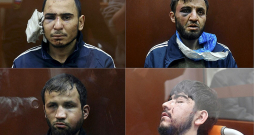Maskavas tiesa naktī uz pirmdienu piemēroja apcietinājumu četriem teroraktā Piemaskavā apsūdzētajiem (pulksteņrādītāja virzienā no augšējā kreisā attēla): Saidakrami Račabalizodam, Dalerdžonam Mirzojevam, Muhamadsobiram Faizovam un Šamsidinam Fariduni.