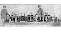 S. Civinska "Ilustrētajam Žurnālam" zīmētā tiesas aina. Otrais no kreisās A. Niedra, T. Vankins un J. Ansbergs.
