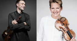 "Berlīnes filharmoniķu" izcilie koncertmeistari – altists Amihajs Gross un vijolniece Vineta Sareika.