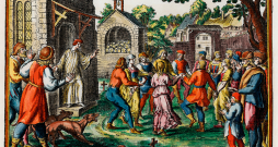 Mateusa Meriāna Vecākā gravīrā – deju epidēmija Kolbekas baznīcas pagalmā Magdeburgas diecēzē 1012. gadā. No 1630. gadā Frankfurtē izdotās “Historische Chronica”.