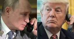 ASV prezidents Donalds Tramps un Krievijas diktators Vladimirs Putins telefonsarunā.