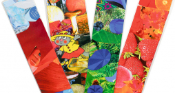 Ielaminētas grāmatzīmes no krāsainu papīru kolāžas.