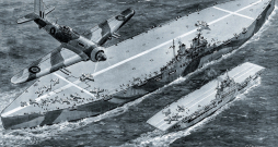 Milzīgā lidmašīnu bāzes kuģa “Habakkuk” (centrā) projekts, kas būvēts no ledus un koksnes masas un tika ierosināts kā slepens ierocis Otrajā pasaules karā. Šo projektu 1942. gadā izvirzīja Džefrijs Paiks, taču tas nekad netika uzbūvēts. “Habakkuk” ir attēlots blakus lielam britu lidmašīnu bāzes kuģim “Indefatigable” (pa labi), kas būvēts no parastajiem materiāliem.