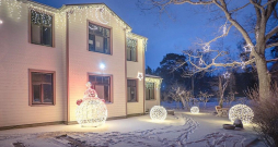 Saskaņojam gaismas virtenes ēkas greznošanai ar gaismas dekoriem dārzā. Saskaņojam gaismas virtenes ēkas greznošanai ar gaismas dekoriem dārzā.