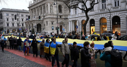 Ukrainas atbalsta akcija pie Krievijas vēstniecības Budapeštā šā gada 22. februārī.