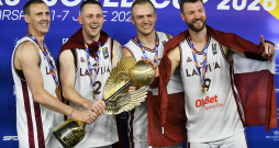 Nauris Miezis (no kreisās), Kārlis Lasmanis, Francis Lācis un Zigmārs Raimo – pirmo reizi Latvijas izlase pasaules čempionu godā 3x3 basketbolā.