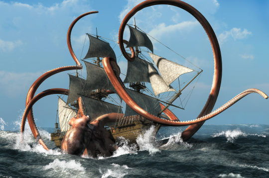 Krakens – briesmonis skandināvu folklorā, izskatās kā milzu astoņkājis vai kalmārs un spēj nogremdēt kuģus. 3D ilustrācija.