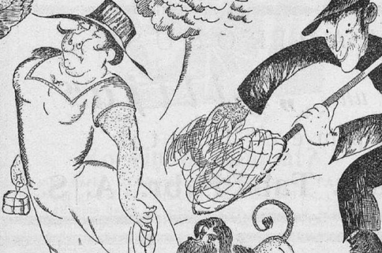 20. gs. 20. gadu karikatūra par suņķērājiem.