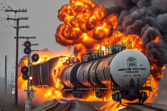 2004. gada 22. aprīlī Ziemeļkorejā netālu no Riončonas stacijas naftas cisterna sadūrās ar amonija nitrāta mēslojuma vagoniem, izraisot sprādzienu, kurā gāja bojā 154 cilvēki un 1500 tika ievainoti. Ilustratīvs attēls.