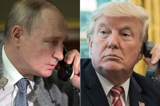 ASV prezidents Donalds Tramps un Krievijas diktators Vladimirs Putins telefonsarunā.