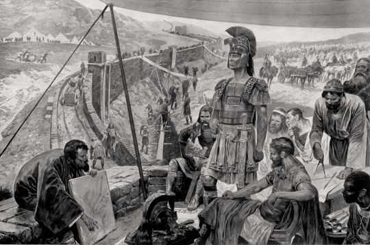 Romas imperators Adrians uzrauga mūra celtniecību. Tā saucamā Adriana siena iezīmēja Romas impērijas robežu Britānijā.