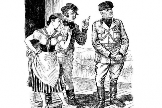 Francija un Anglija "brīdina" Itāliju. Britu karikatūra