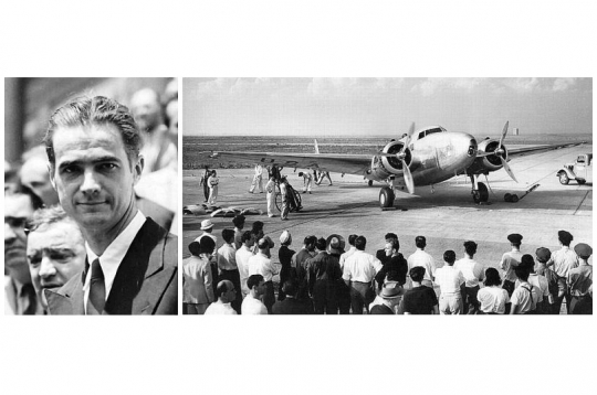 Hovards Hjūzs 1938. gadā un viņa "Lockheed 14 Super Electra" pirms izlidošanas. Hovards Hjūzs 1938. gadā un viņa "Lockheed 14 Super Electra" pirms izlidošanas.