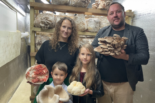 Austersēņu audzēšana Dzērvēm ir ģimenes bizness, kurā piedalās arī bērni. Attēlā: audzētāji “rudens” konteinerā, kur notiek sēņu augšana.