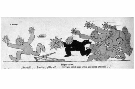 1926. gada novembrī Latvija piedzīvoja skandālu, jo no Triju Zvaigžņu ordeņa, pēc preses ziņām, atteicās teju simts personu. Karikatūra no tā laika žurnāla "Svari".