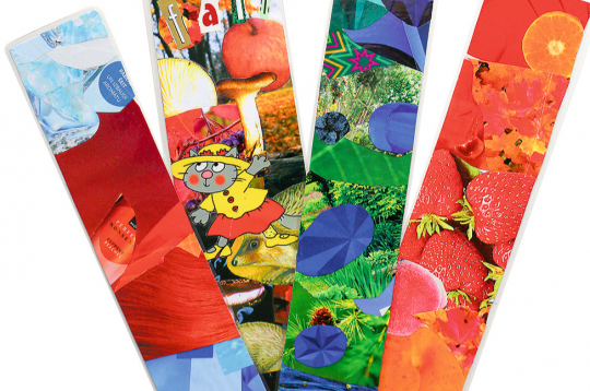 Ielaminētas grāmatzīmes no krāsainu papīru kolāžas.