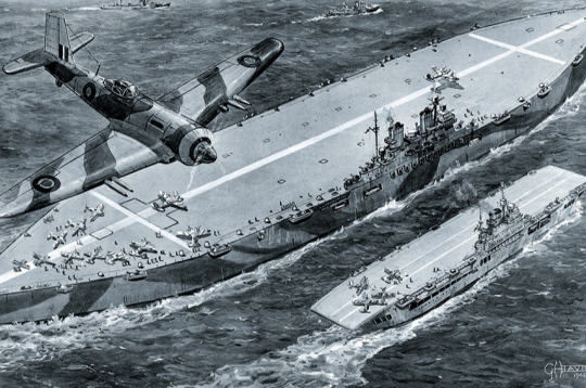 Milzīgā lidmašīnu bāzes kuģa “Habakkuk” (centrā) projekts, kas būvēts no ledus un koksnes masas un tika ierosināts kā slepens ierocis Otrajā pasaules karā. Šo projektu 1942. gadā izvirzīja Džefrijs Paiks, taču tas nekad netika uzbūvēts. “Habakkuk” ir attēlots blakus lielam britu lidmašīnu bāzes kuģim “Indefatigable” (pa labi), kas būvēts no parastajiem materiāliem.