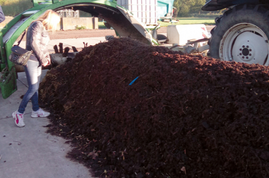 Komposta jaucējs un krāvums (stirpās) intensīvajā komposta veidošanas sistēmā.