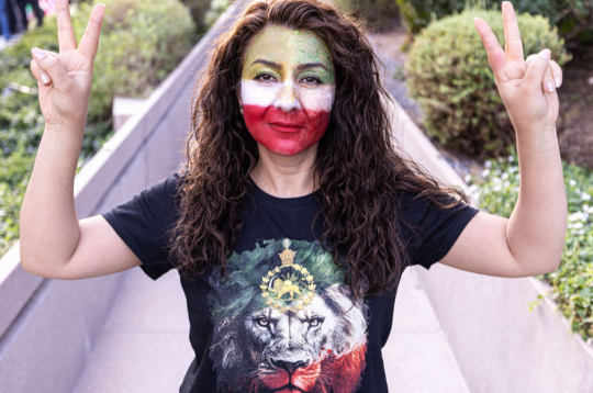 Irānas opozīcijas atbalstītāja izkrāsojusi seju Irānas karoga krāsās. Daļa opozīcijas uzskata, ka Irānas līdera amatā vajadzētu atgriezties bijušā Irānas monarha pēctecim. 