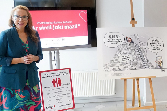 Pacientu organizācija "ParSirdi.lv" jau senāk dažādos veidos centusies pievērst amatpersonu uzmanību tam, lai taptu sirds veselības uzlabošanas plāns. Attēlā – "ParSirdi.lv" vadītāja Inese Mauriņa Gata Šļūkas politisko karikatūru izstādē "Ar sirdi joki mazi" atklāšanas pasākumā Vidzemes slimnīcā 2025. gada 10. oktobrī.