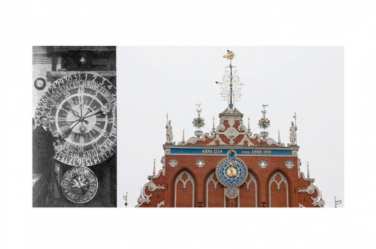 F. Plats pie atjaunotā pulksteņa 1926. gadā un skats mūsdienās.