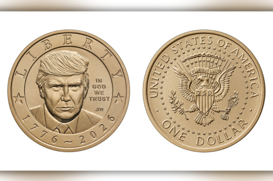 Viena dolāra piemiņas monēta ar prezidenta Donalda Trampa attēlu. Viena dolāra piemiņas monēta ar prezidenta Donalda Trampa attēlu.