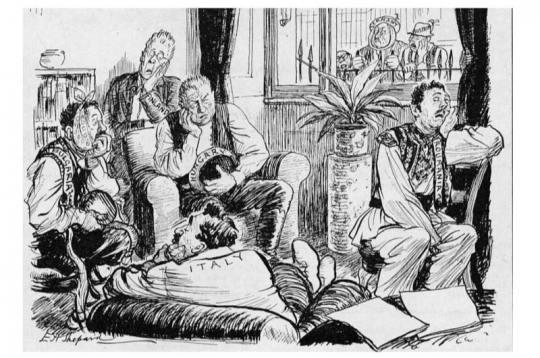 Britu karikatūra par Parīzes konferenci: sakautās valstis gaida savu likteni.
