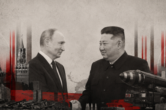 Ilustratīva kolāža par Krievijas un Ziemeļkorejas līderu Vladimira Putina un Kima Čenuna sadarbību.