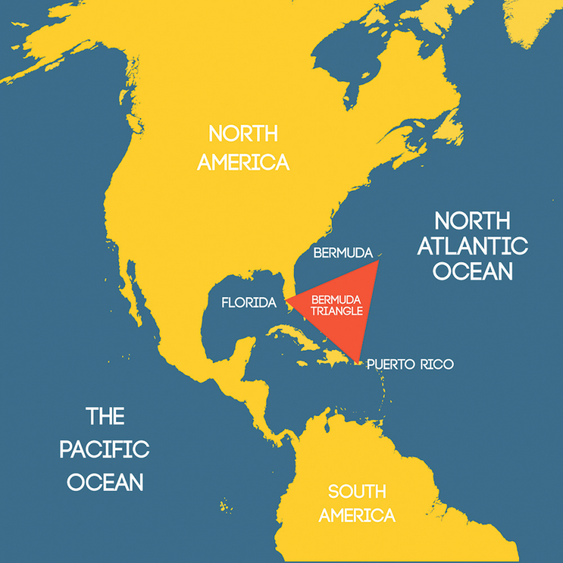 Kartē ar sarkanu iezīmēts Bermudu trijstūris.