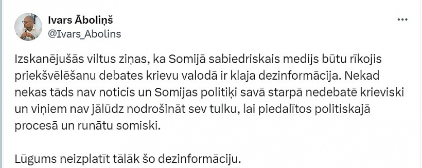 Arī Nacionālās elektronisko plašsaziņas līdzekļu padomes priekšsēdētājs Ivars Āboliņš sociālajos tīklos norāda, ka Somijā politiķi televīzijā nediskutē krievu valodā.