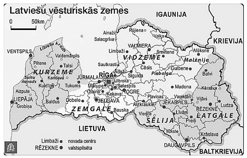 Latvijas vēsturisko zemju karte, kur iezīmēta arī Malēnija. Tā aptver gandrīz visu Alūksnes novadu (izņemot Liepnas pagastu), Gulbenes novada austrumdaļu un tagadējā Smiltenes novada ziemeļaustrumu daļu (bijušo Apes novada lauku teritoriju).