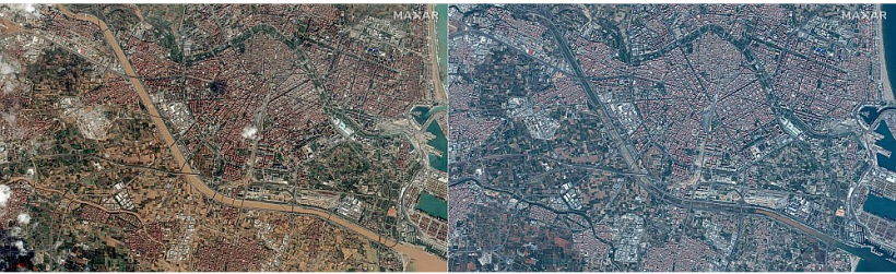 Uzņēmuma "Maxar Technologies" izveidotā satelītattēlu kombinācija, kas parāda Valensiju pirms (pa labi) un pēc (pa kreisi) 31. oktobra plūdiem. Kreisās puses attēlā redzamā brūnā platā josla – pagājušā gadsimta septiņdesmitajos gados izveidotā jaunā upes gultne. Brūnā krāsa parāda plūdu atstātos dubļus. Platā zaļā līkumotā josla ir vecā upes gultne, kas tagad apzaļumota.