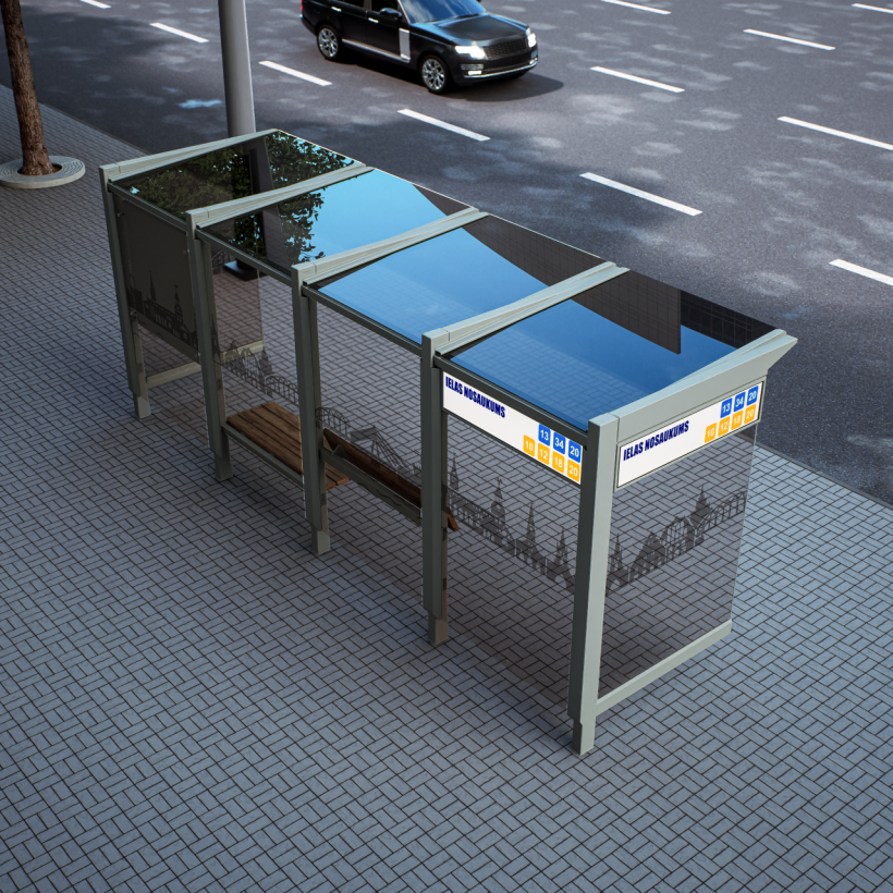Jaunās, vienota dizaina sabiedriskā transporta pieturvietu nojumes. 