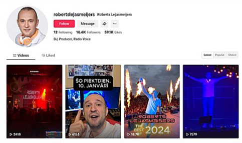 Roberta Lejasmeijera "Tiktok" īstais profils.