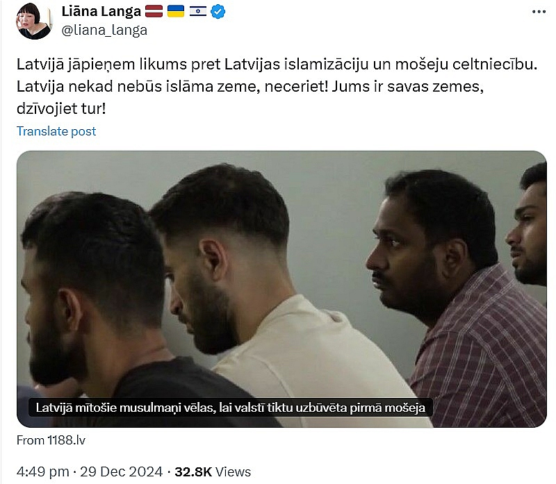 Liāna Langa pērn 29. decembrī sociālajā platformā "X" ierakstīja šo viedokli, pievienojot saiti uz "360TV Ziņneši" videosižetu, kura virsraksts ir "Latvijā mītošie musulmaņi vēlas, lai valstī tiktu uzbūvēta pirmā mošeja". Video publicēts vairāk nekā pirms gada – 2023. gada 6. septembrī, bet pēc Liānas Langas ieraksta citu politiķu un sabiedrības iesaiste diskusijā par "mošejas būvniecību" sākās ar jaunu sparu.