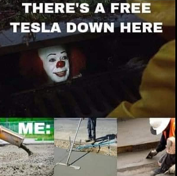 Klauns: "Šeit lejā "Teslas" dod par velti." (Tālāk attēlota uzrunātā cilvēka rīcība.)