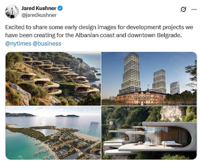 Džareda Kušnera topošā viesnīcas projekta vizualizācija, ar ko viņš pats dalījies sociālajā tīklā "X".