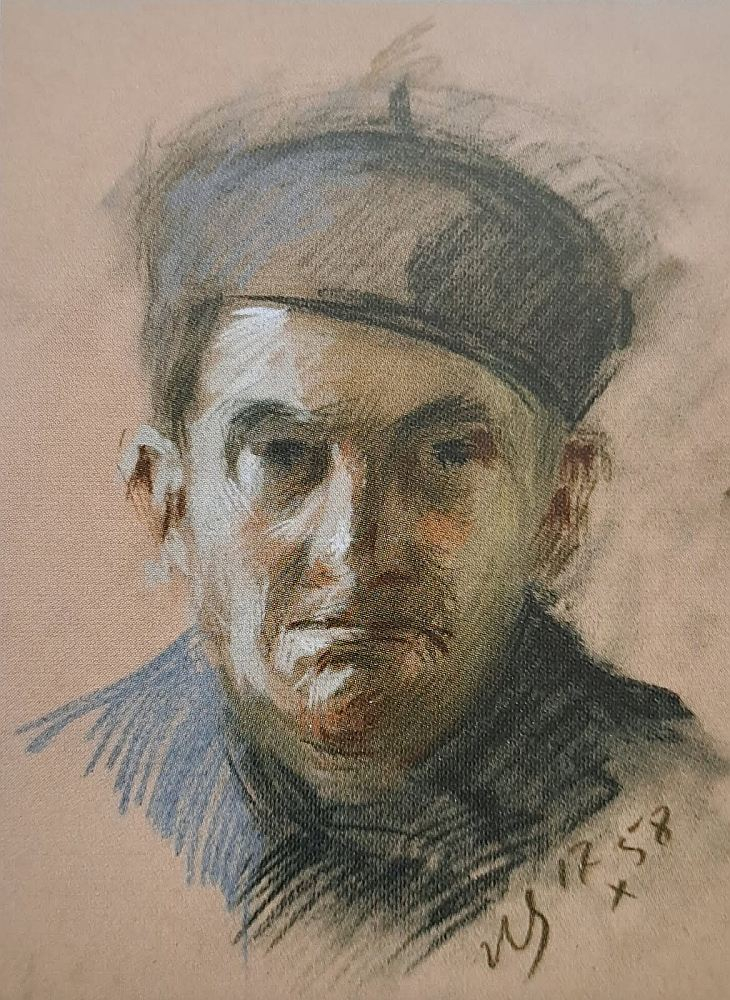Uga Skulme. "Pašportets". 1958, kart., past., 50x34,6. Šis darbs nav no Tukuma muzeja ekspozīcijas, kur arī eksponēts viens mākslinieka pašportrets (1942, p., sēpija, ogle, guaša 30,5x21), jo darbu atlasē vēlējos parādīt, kā meistars strādājis ar pasteli.