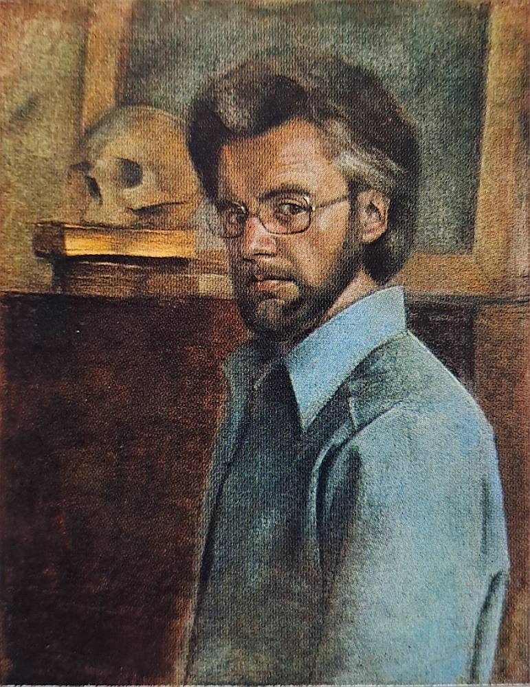 Edvīns Kalnenieks. "Pašportrets ar galvaskausu". 1978, a., past., 70x48.