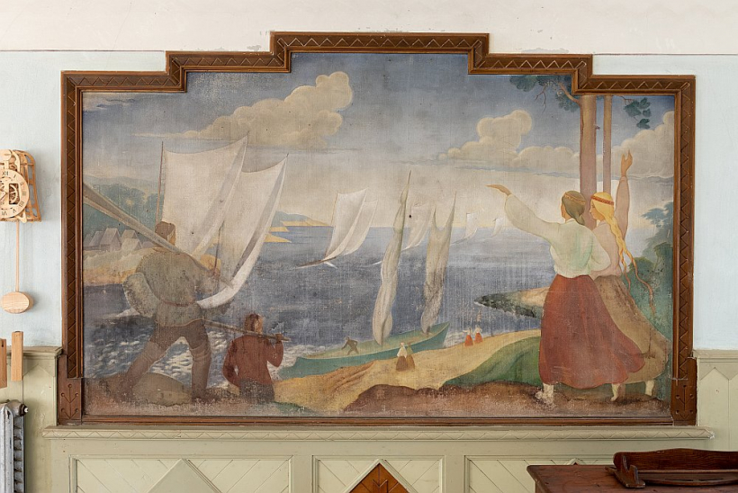 "Latvji, brauciet jūriņā" (1936). K. Freimaņa sienas gleznojums Ārlavas zemkopības biedrības K. Valdemāra piemiņas zālē.