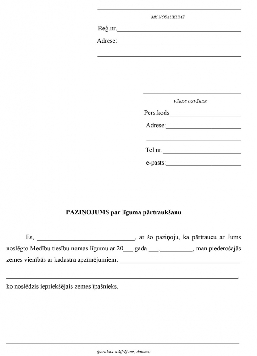 1. attēls. Paziņojums, ka līgums tiek pārtraukts.