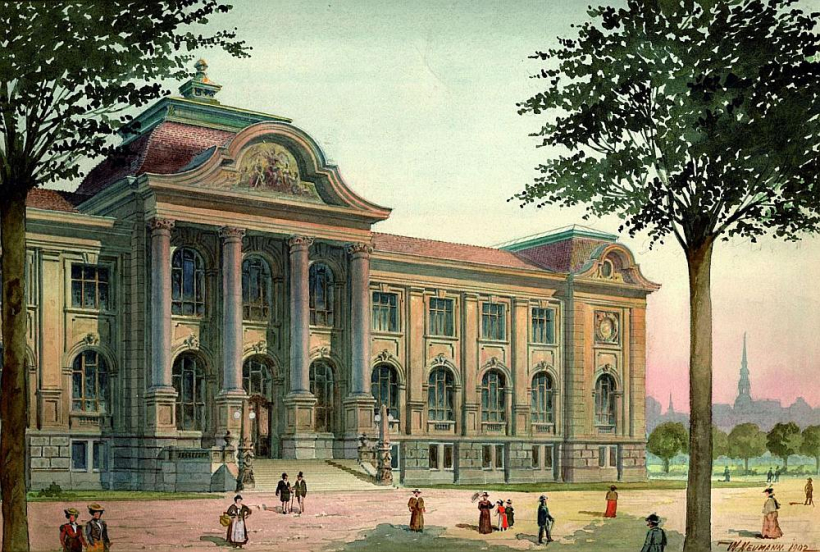 Vilhelms Neimanis. Rīgas pilsētas mākslas muzeja fasādes skice. 1902. Papīrs, akvarelis. LNMM kolekcija. 
