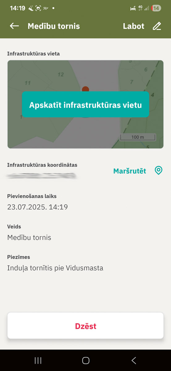 Kad nospiesta poga Saglabāt, ir redzama gan vieta, gan pievienotā informācija.