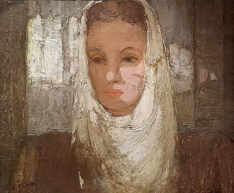 Veronika Janelsiņa (1910–2001). Sieviete baltā galvassegā (1930. gadi, audekls, koks, eļļa, 61 x 50,5 cm).