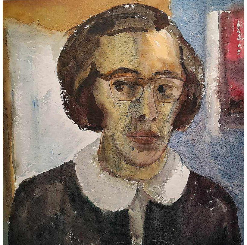 Dzidra Ezergaile (1926–2013). Pašportrets (1960. gadi, papīrs, akvarelis, 450 x 440 mm).