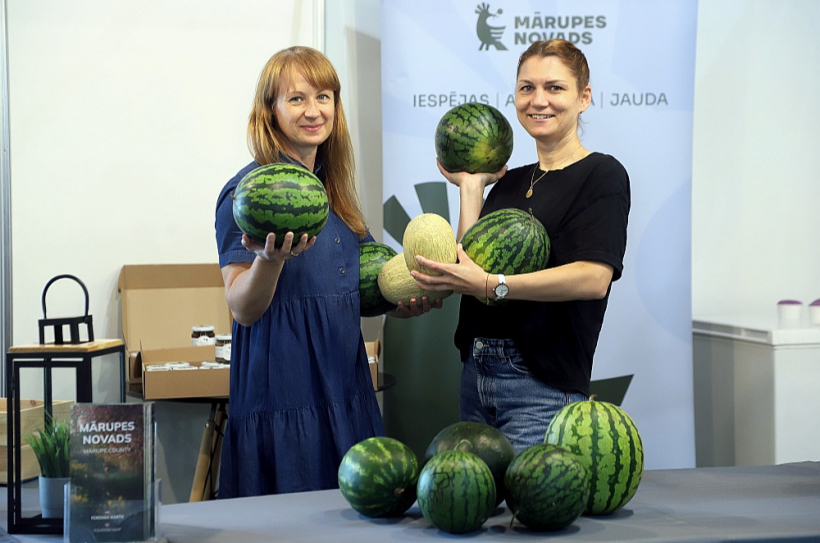 Mārupes novada pašvaldības uzņēmējdarbības atbalsta speciāliste Sigita Meikšāne (no labās) un Mārupes kultūras nama māksliniece noformētāja Sanita Ozoliņa lepojas ar novada arbūziem un melonēm.